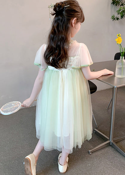 Chinese Style Green Tasseled Embroideried Tulle Girls Long Dress Summer TT030