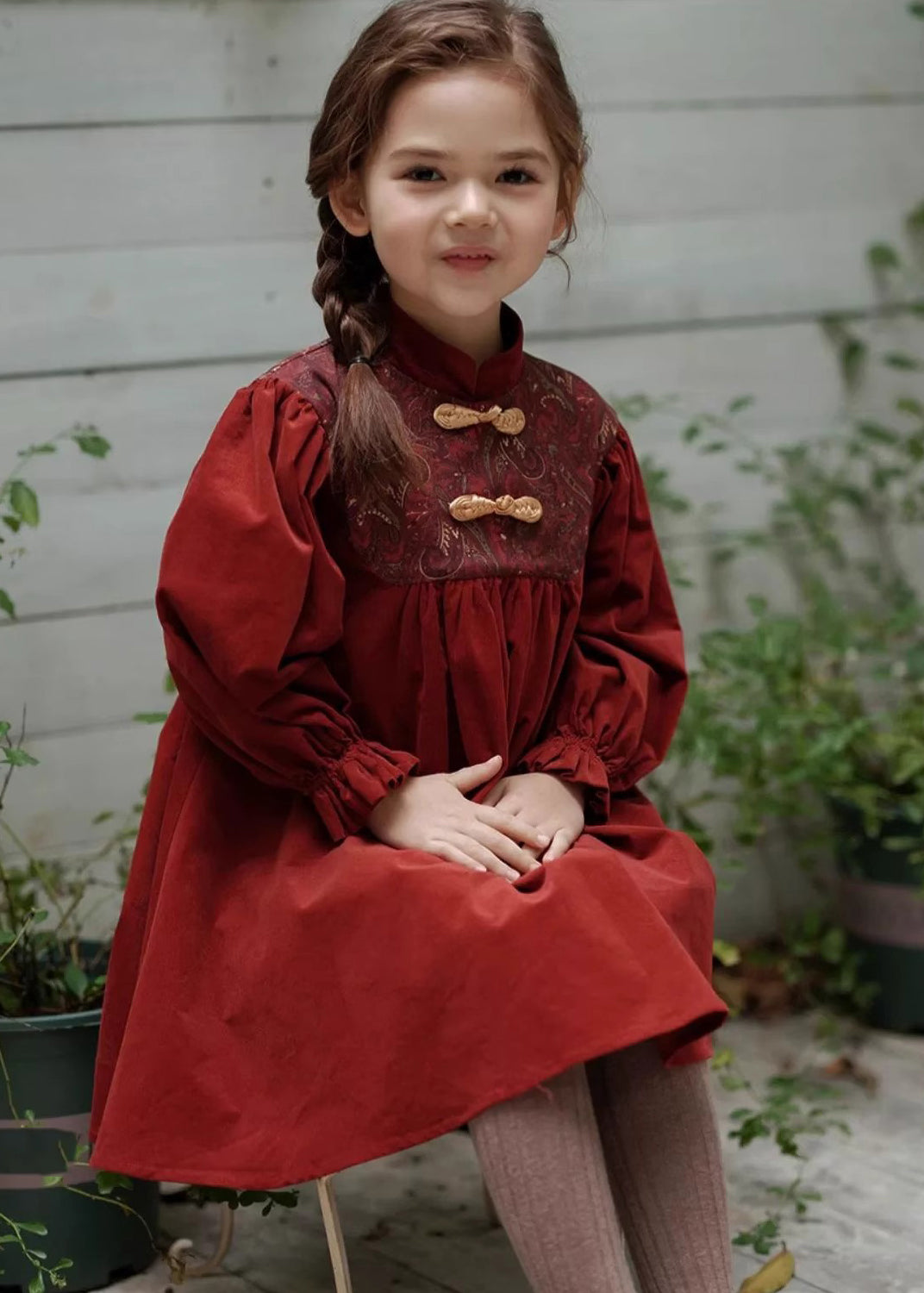 Chinese Style Mulberry Stand Collar Embroideried Corduroy Girls Long Dress Spring YE018