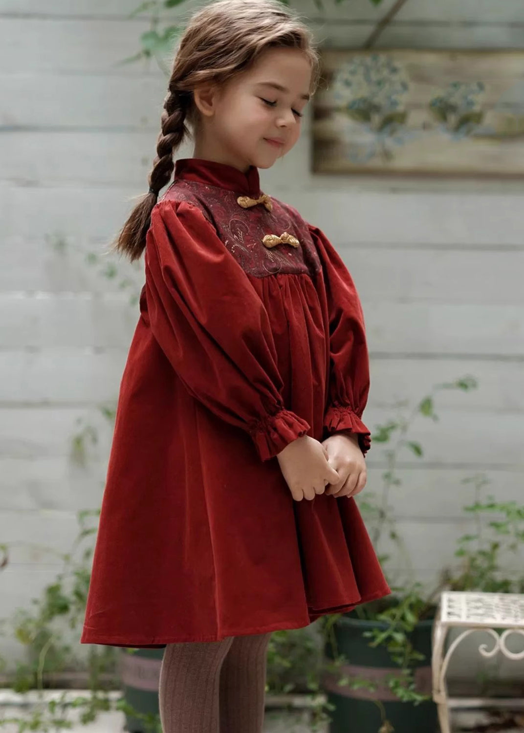Chinese Style Mulberry Stand Collar Embroideried Corduroy Girls Long Dress Spring YE018
