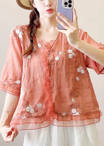 Ruffled Embroidered Style Orange Linen Blouses Chinese Half