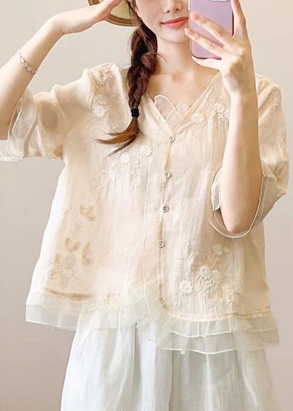 Ruffled Embroidered Style Orange Linen Blouses Chinese Half