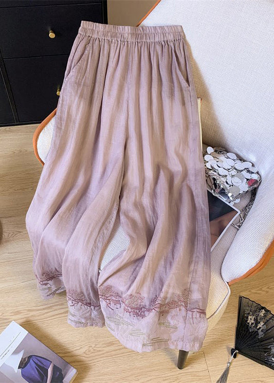 Waist Embroidered Style Patchwork Pink Leg Chinese Elastic Wide