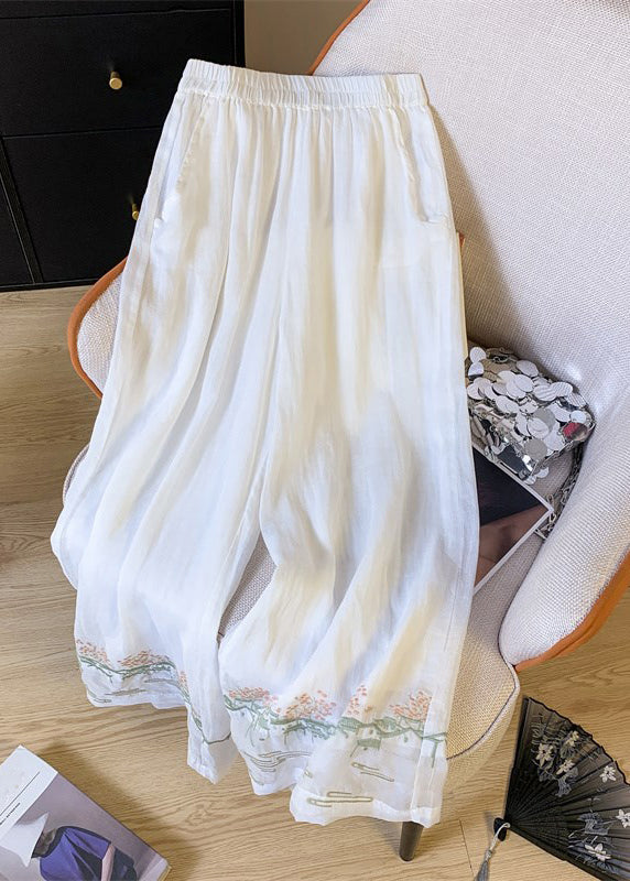 Waist Embroidered Style Patchwork Pink Leg Chinese Elastic Wide