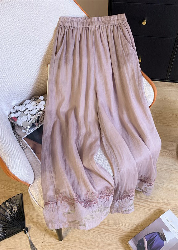 Waist Embroidered Style Patchwork Pink Leg Chinese Elastic Wide