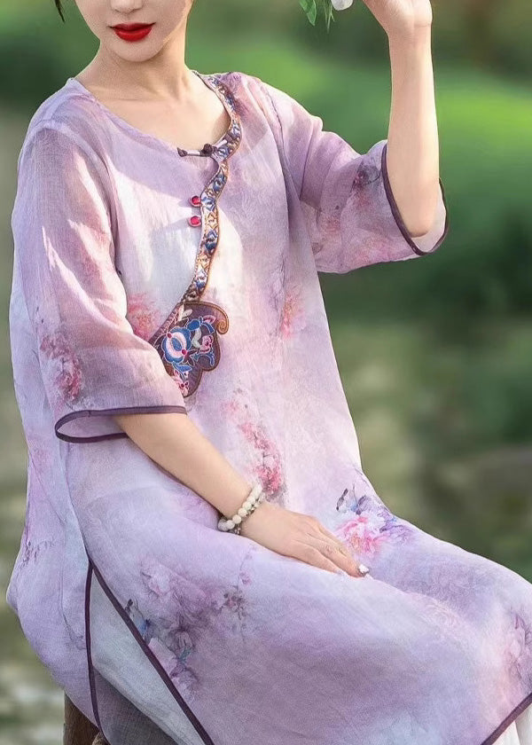 Embroidered Style Dress Pink Summer Linen Side Chinese Open