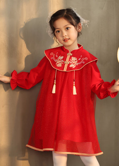 Chinese Style Pink Stand Collar Embroideried Girls Long Dresses Lantern Sleeve TV028