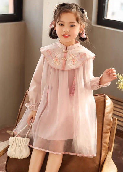 Chinese Style Pink Stand Collar Embroideried Girls Long Dresses Lantern Sleeve TV028