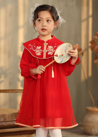 Chinese Style Pink Stand Collar Embroideried Girls Long Dresses Lantern Sleeve TV028