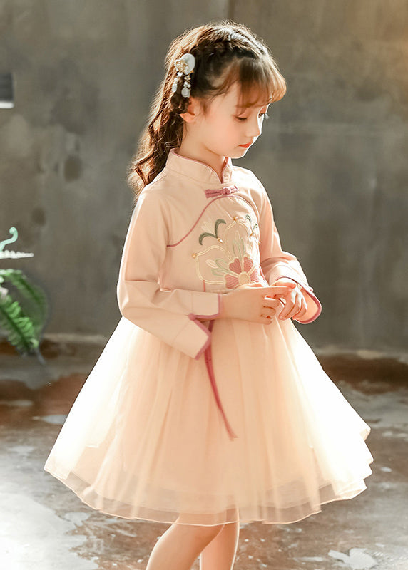 Chinese Style Pink Stand Collar Embroideried Tulle Kids Long Dress Spring YE031