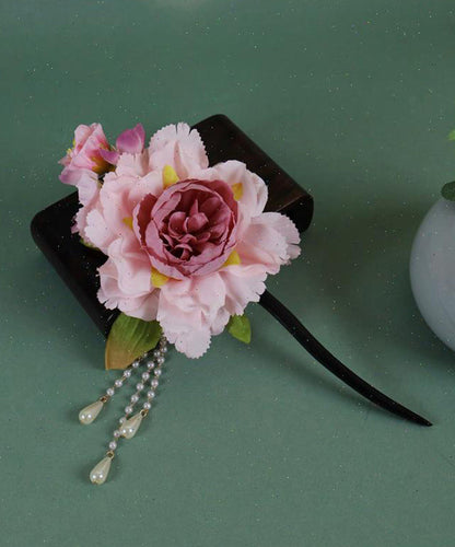 Chinese Pink Wooden Style Hairpin Peony Tassel Pearl
