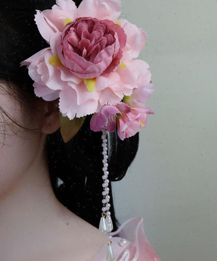 Chinese Pink Wooden Style Hairpin Peony Tassel Pearl