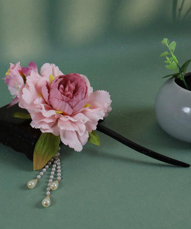 Chinese Pink Wooden Style Hairpin Peony Tassel Pearl