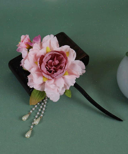 Chinese Pink Wooden Style Hairpin Peony Tassel Pearl