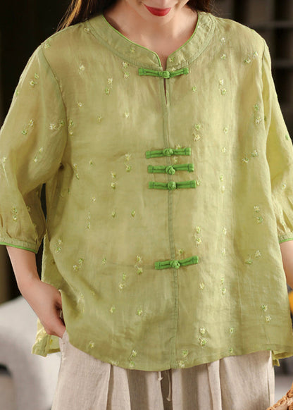 Style Purple Embroidered Linen Button Summer Oriental Top Chinese