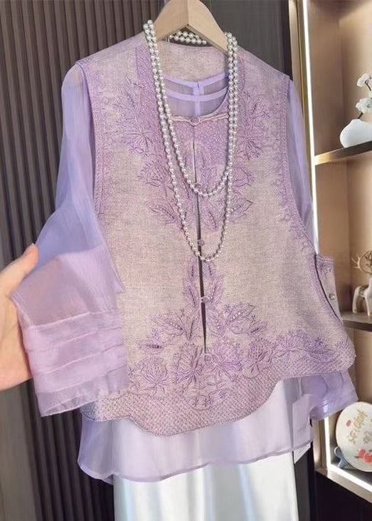 Purple Chinese Style Set Tops Waistcoat Embroidered Two-Piece And