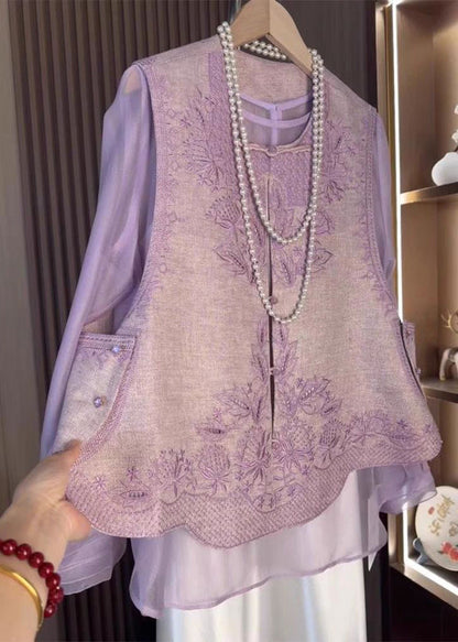 Purple Chinese Style Set Tops Waistcoat Embroidered Two-Piece And