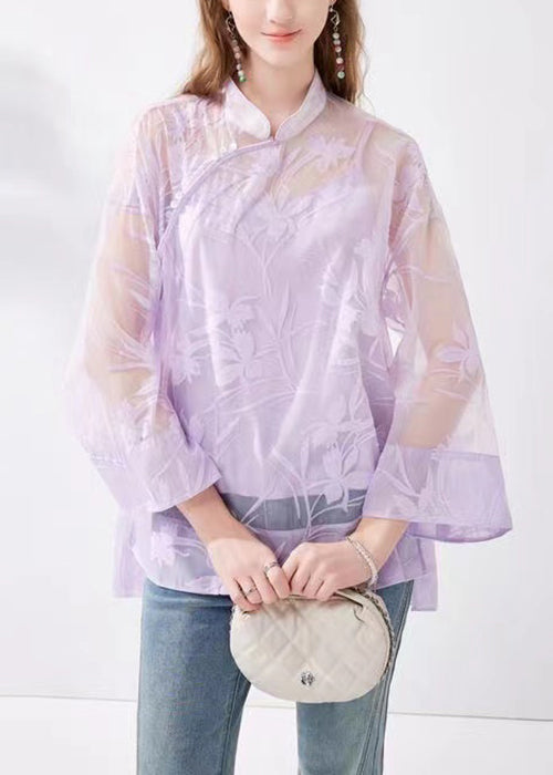 Chinese Style Purple Stand Collar Button Silk Two Pieces Set Long Sleeve KK054