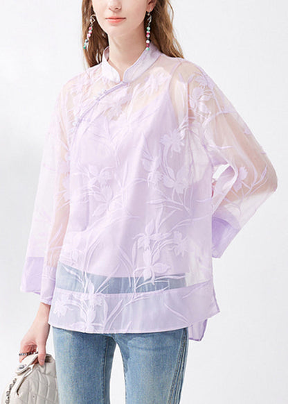 Chinese Style Purple Stand Collar Button Silk Two Pieces Set Long Sleeve KK054
