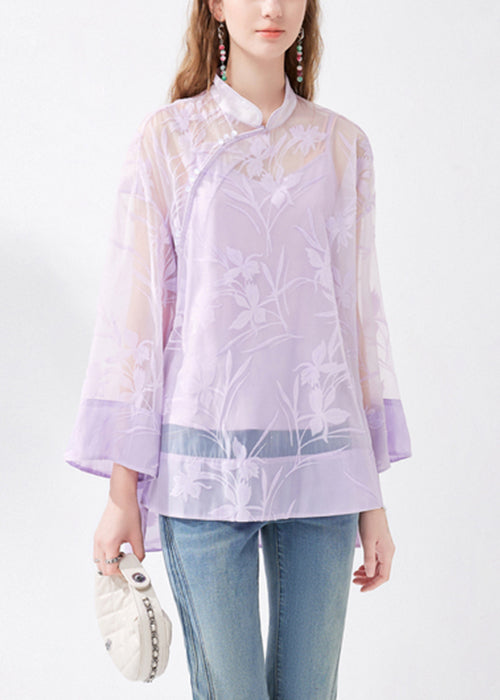 Chinese Style Purple Stand Collar Button Silk Two Pieces Set Long Sleeve KK054