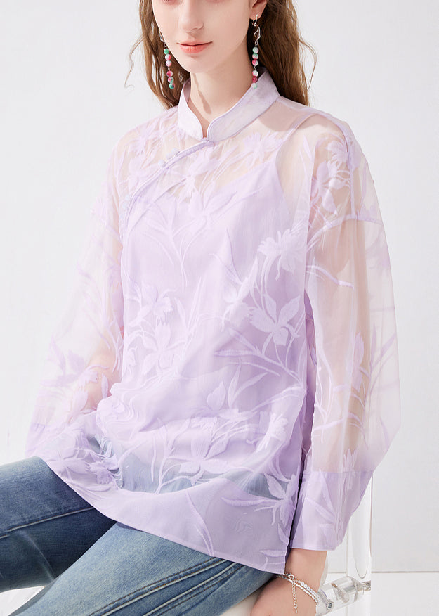 Chinese Style Purple Stand Collar Button Silk Two Pieces Set Long Sleeve KK054