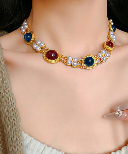 Chinese Style Rainbow Sterling Silver Alloy Pearl Resin Collar Necklace TX034