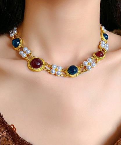 Chinese Style Rainbow Sterling Silver Alloy Pearl Resin Collar Necklace TX034