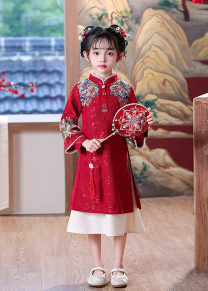 Chinese Dress Kids Embroideried Maxi Red Nail Bead Style Spring