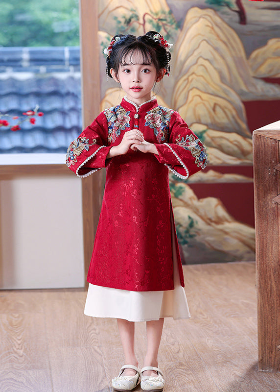 Chinese Dress Kids Embroideried Maxi Red Nail Bead Style Spring
