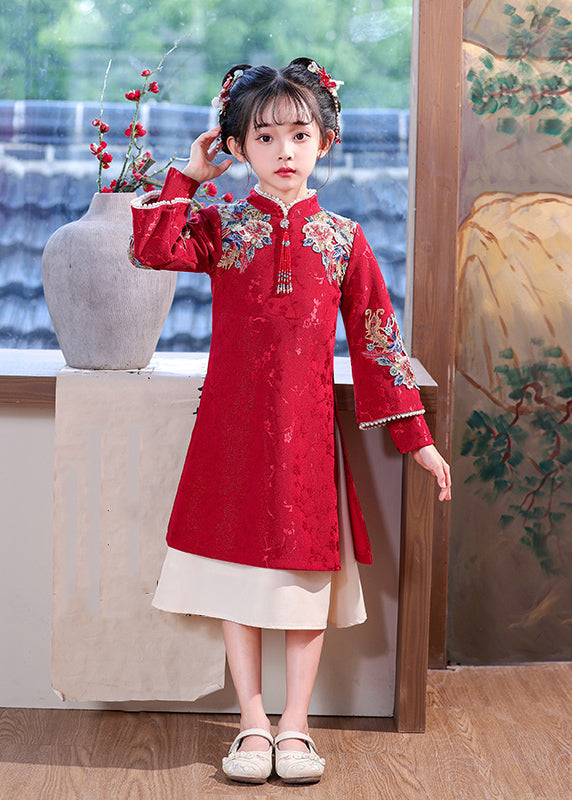 Chinese Dress Kids Embroideried Maxi Red Nail Bead Style Spring