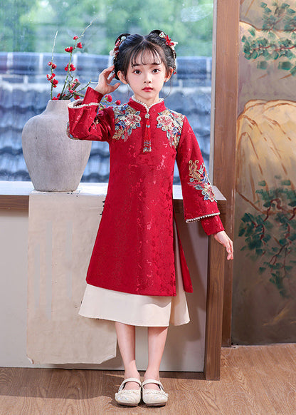 Chinese Dress Kids Embroideried Maxi Red Nail Bead Style Spring