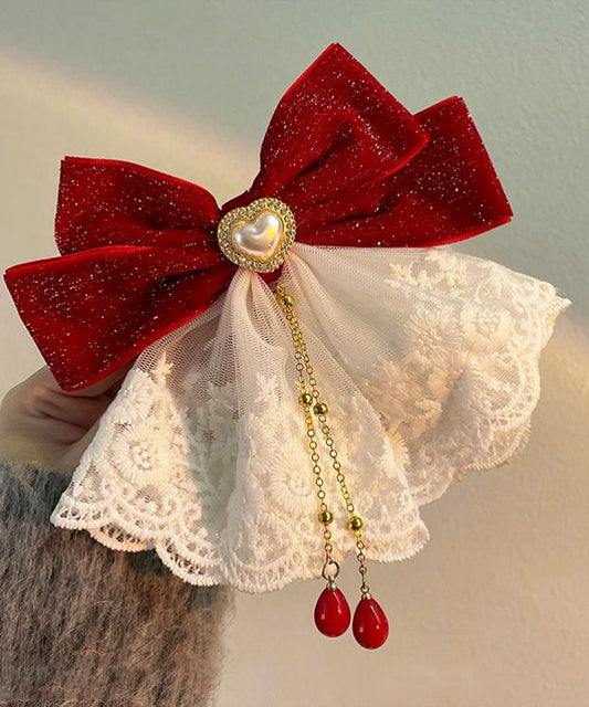 Chinese Style Red Metal Pearl Lace Butterfly Tassel Hairpin YA039