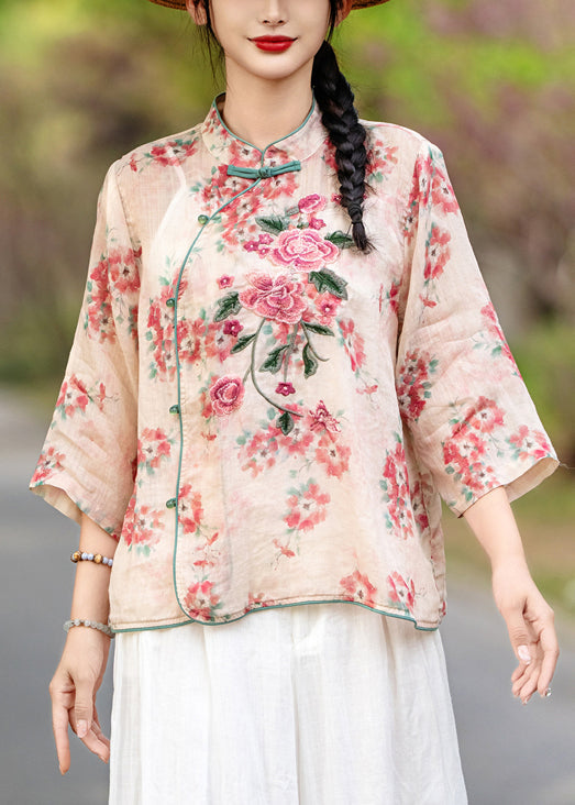 Bracelet Chinese Print Shirt Sleeve Linen Button Style Red