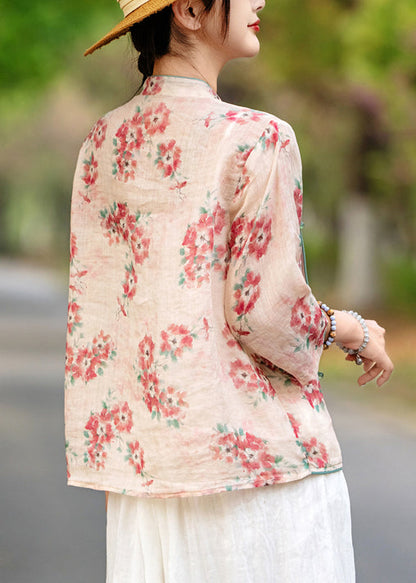 Bracelet Chinese Print Shirt Sleeve Linen Button Style Red