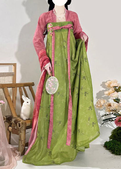 Two Set Fall Print Chinese Maxi And Piece Top Red Style Skirts