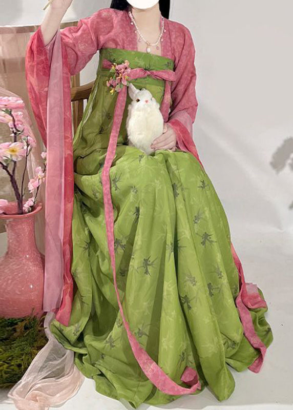 Two Set Fall Print Chinese Maxi And Piece Top Red Style Skirts