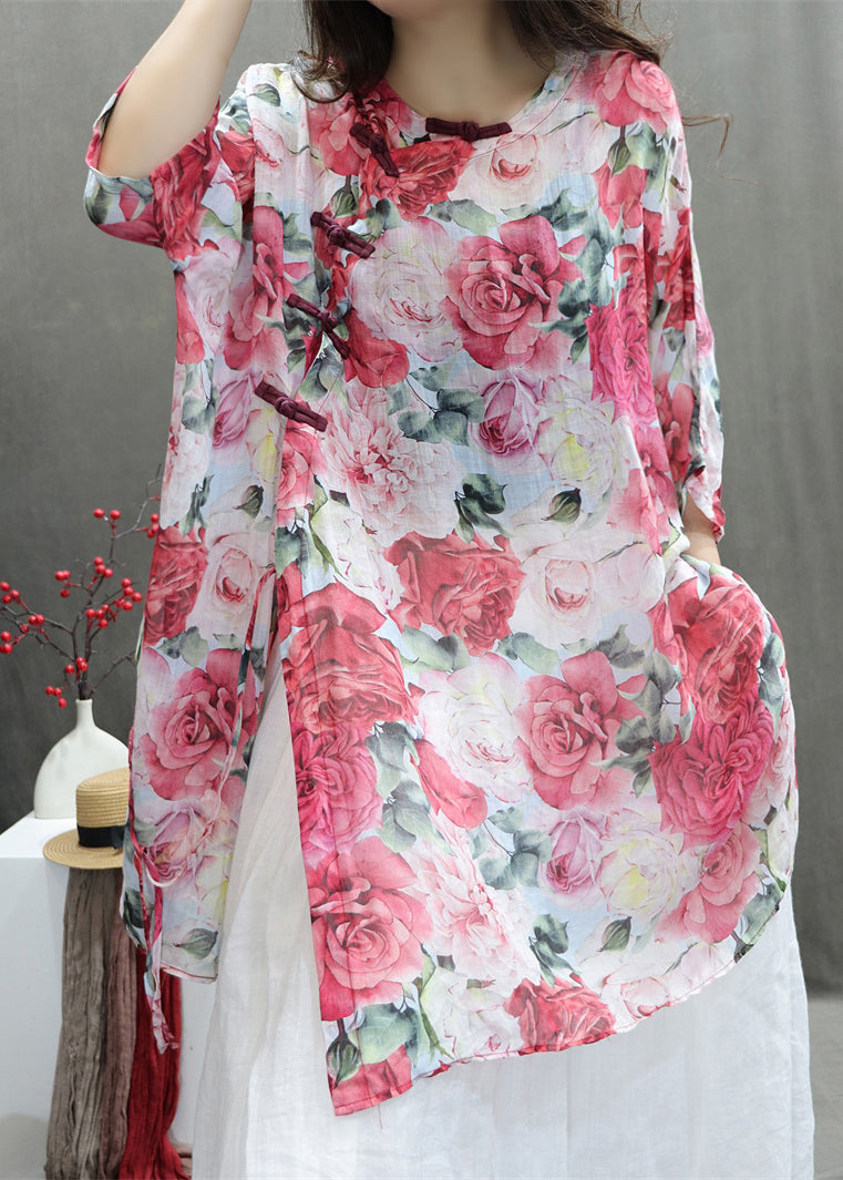 Cotton Sleeve Print Half Roses Chinese Style Red Shirts