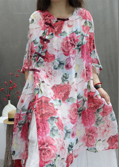 Cotton Sleeve Print Half Roses Chinese Style Red Shirts