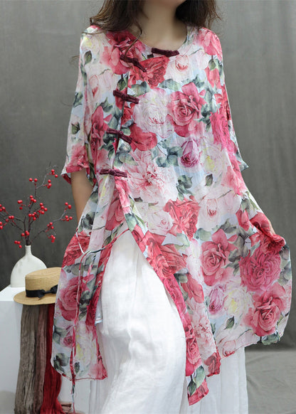 Cotton Sleeve Print Half Roses Chinese Style Red Shirts