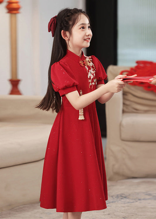Short Collar Girls Chinese Style Stand Patchwork Maxi Dresses Red