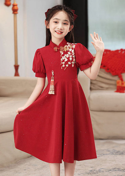 Short Collar Girls Chinese Style Stand Patchwork Maxi Dresses Red