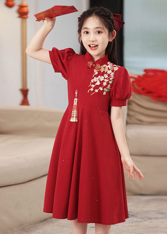 Short Collar Girls Chinese Style Stand Patchwork Maxi Dresses Red
