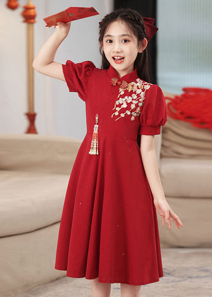 Short Collar Girls Chinese Style Stand Patchwork Maxi Dresses Red