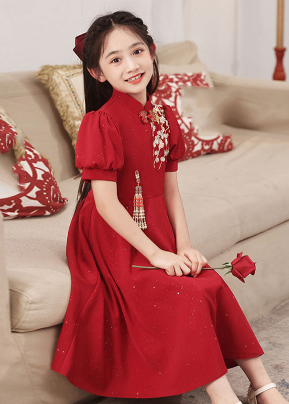 Short Collar Girls Chinese Style Stand Patchwork Maxi Dresses Red