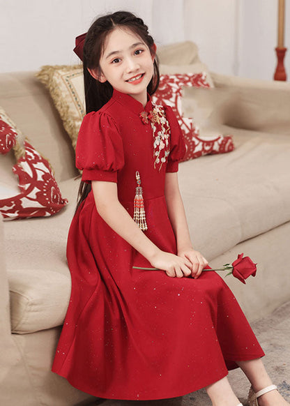 Short Collar Girls Chinese Style Stand Patchwork Maxi Dresses Red