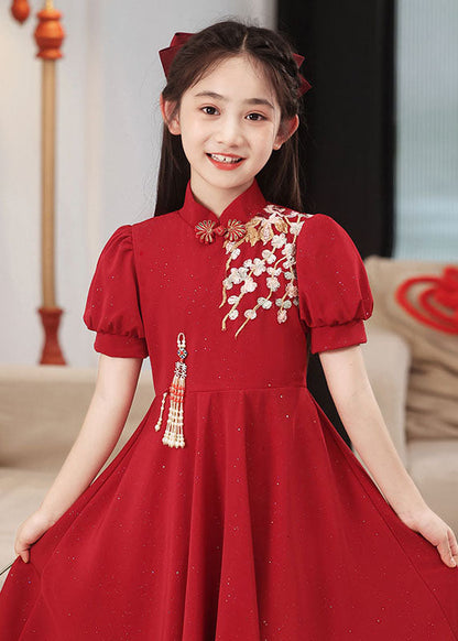 Short Collar Girls Chinese Style Stand Patchwork Maxi Dresses Red