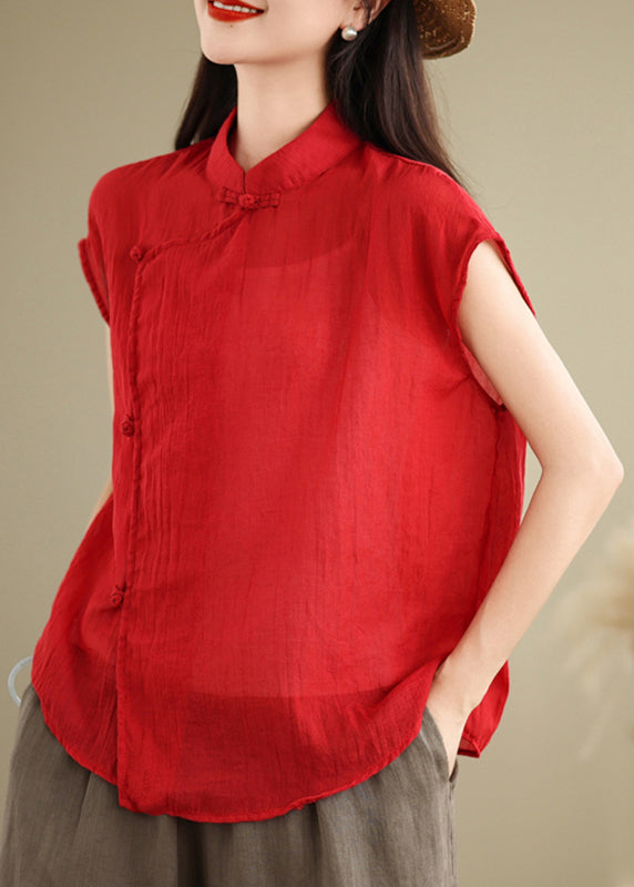 Stand Style Chinese Shirt Sleeve Short Patchwork Collar Red Linen