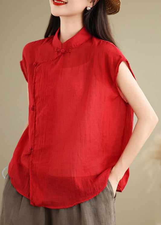 Stand Style Chinese Shirt Sleeve Short Patchwork Collar Red Linen