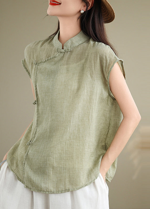 Stand Style Chinese Shirt Sleeve Short Patchwork Collar Red Linen