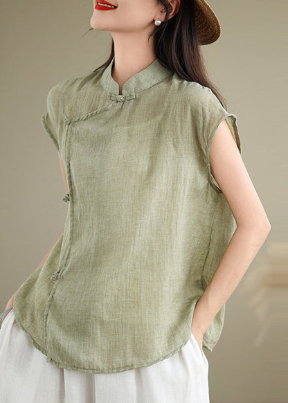 Stand Style Chinese Shirt Sleeve Short Patchwork Collar Red Linen