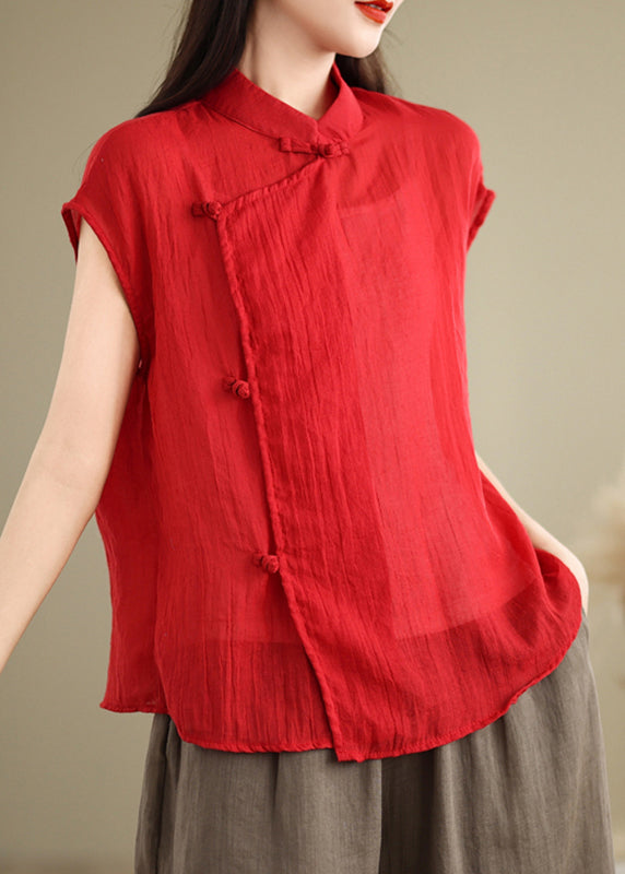 Stand Style Chinese Shirt Sleeve Short Patchwork Collar Red Linen